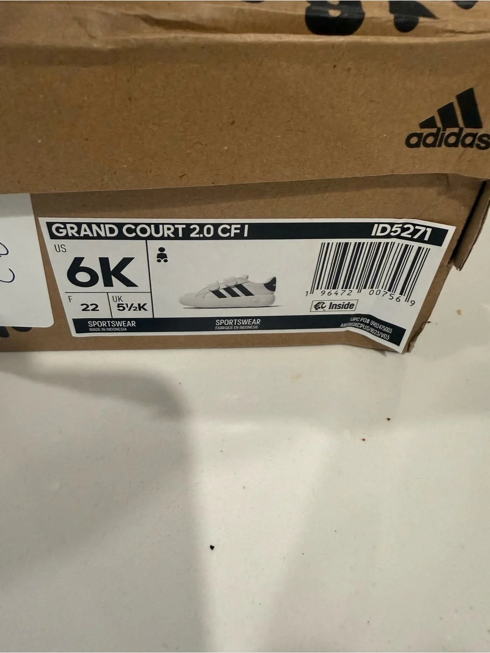 adidas Kids White and Black Velcro Strap Sneakers